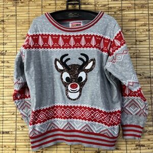 Tipsy Elves Rudolph Light Up Christmas Sweater Mens XL Grey Red Fair Isle Sequin